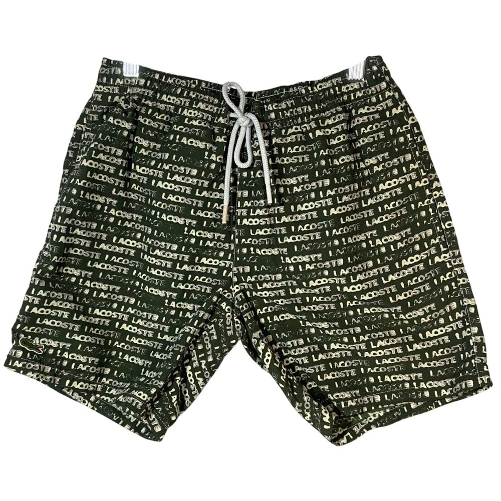 Lacoste Men's Green All Over Print Logo Swim Trunks Shorts Size S Drawstring